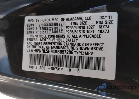 2011 Honda Odyssey Touring/Touring Elite z USA, uszkodzony, nr VIN 5FNRL5H94BB057286